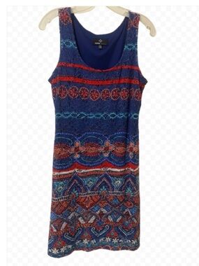 Ronni Nicole Sleeveless Midi Dress with Red & Blue Accents Crochet Look Overlay